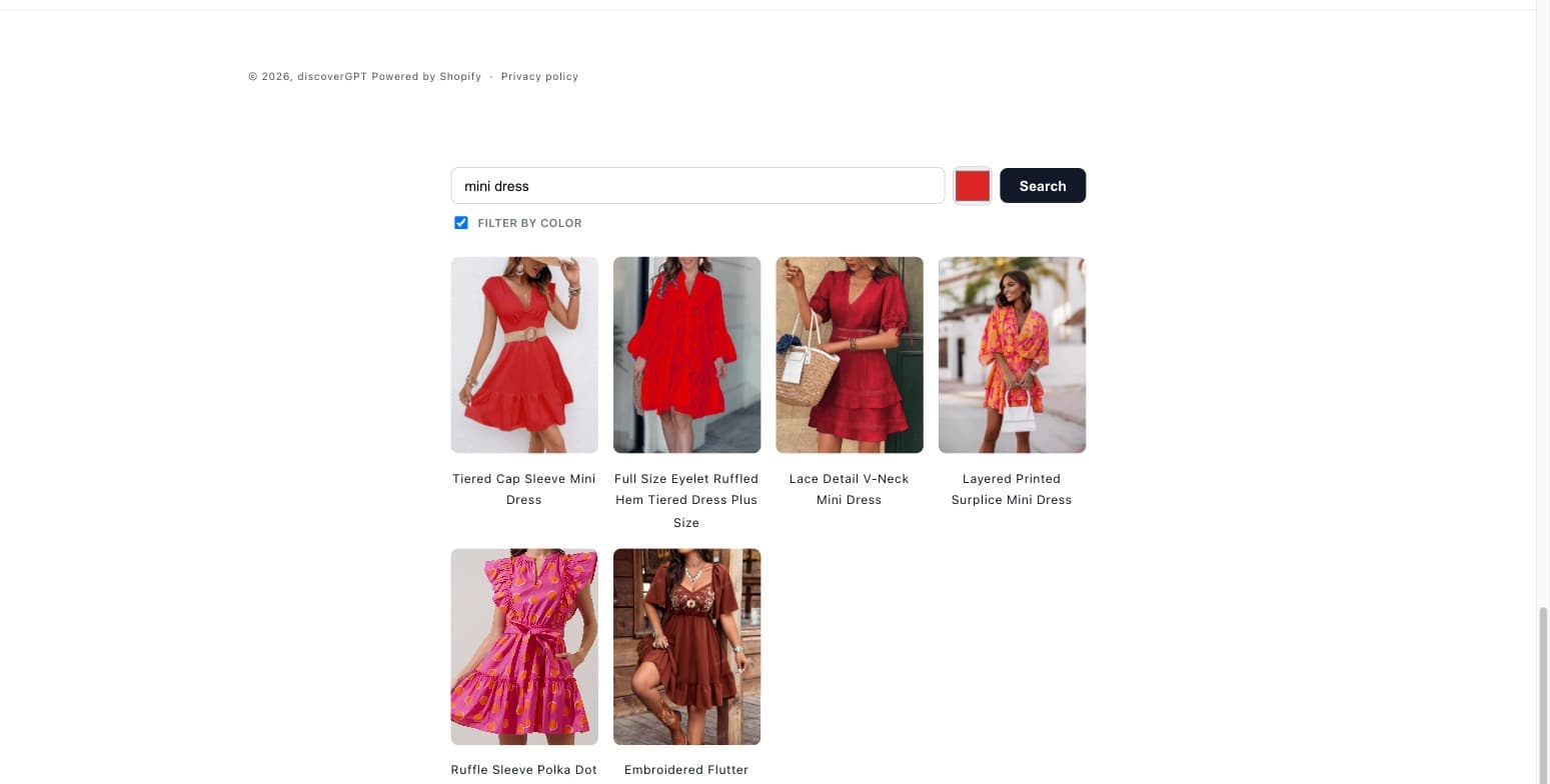 Real results for "mini dress" combined with a red color filter — six real products with images and names, returned live from discovergpt-search.vercel.app